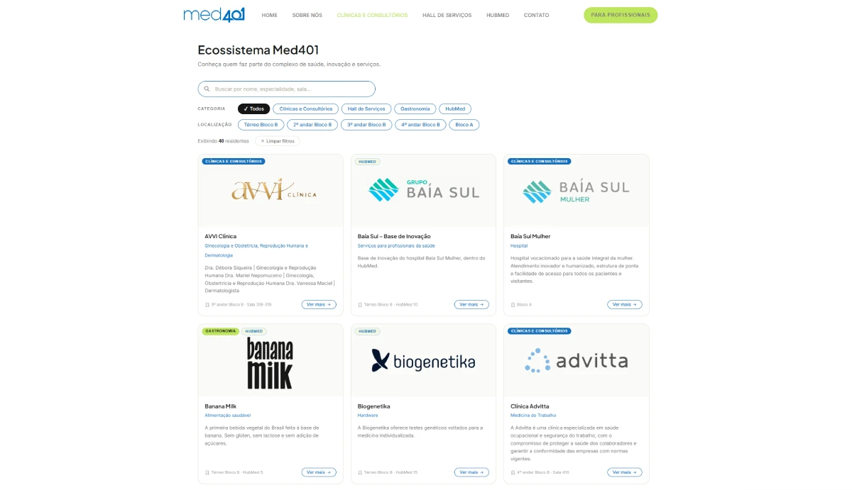 Captura de tela da página “Ecossistema Medquarenta e um” mostra campo de busca, filtros por categoria e localização e cartões de clínicas, hospital, gastronomia e empresas do HubMed.