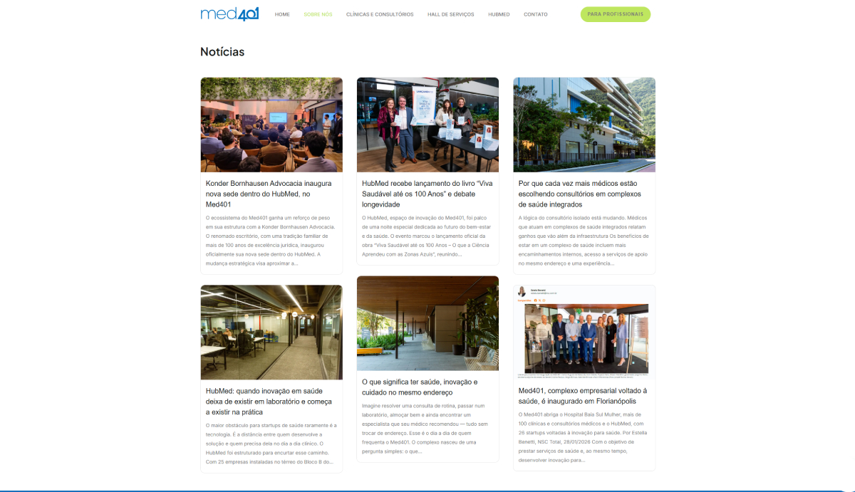 Captura de tela da página “Notícias” do Medquarenta e um mostra seis matérias em cartões, com fotos e textos sobre HubMed, saúde, inovação, clínicas e o complexo médico.