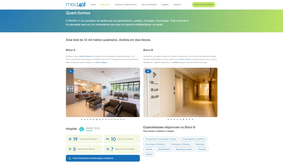 Captura de tela da página “Quem Somos” do Medquarenta e um apresenta os blocos A e B, com fotos internas do complexo, informações sobre área total de trinta e três mil metros quadrados, estrutura hospitalar e especialidades disponíveis.
