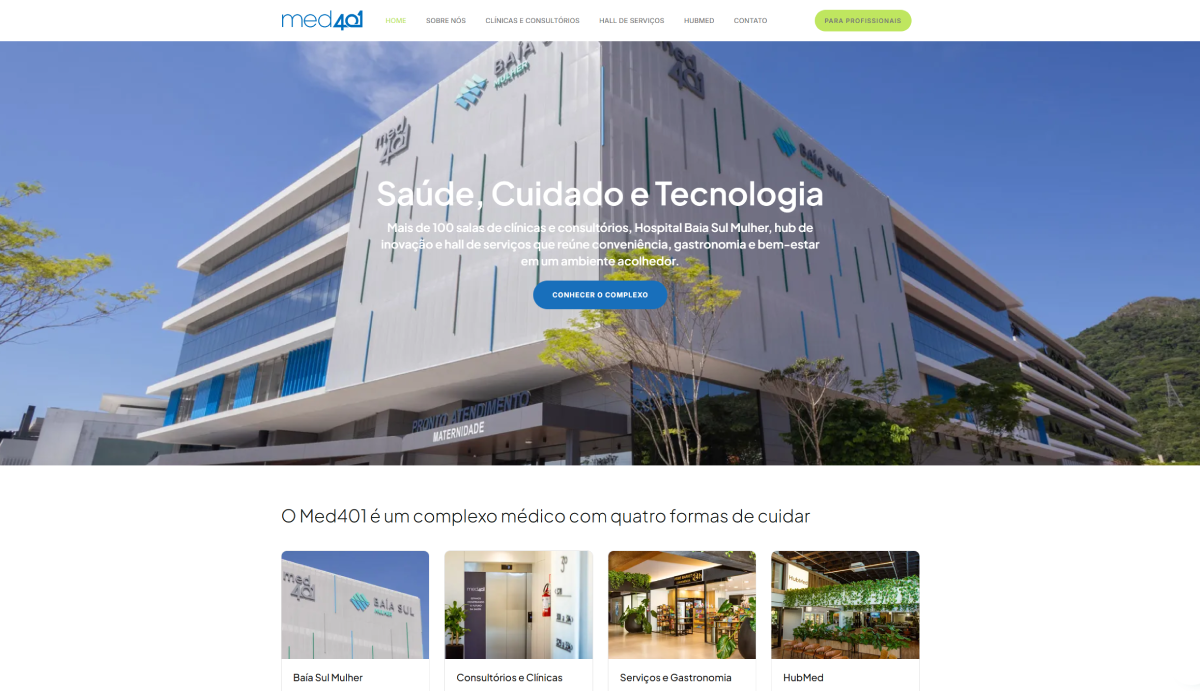 Captura de tela do site Medquarenta e um mostra o complexo médico sob céu azul, com o texto “Saúde, Cuidado e Tecnologia” e quatro áreas de atendimento destacadas abaixo.
